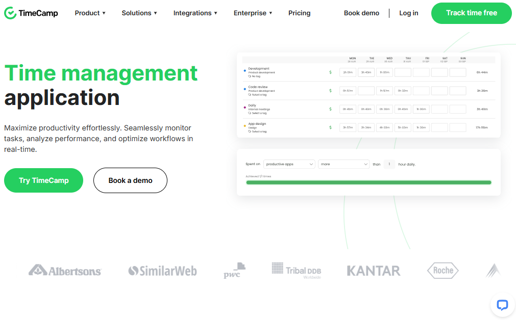 TimeCamp's time management landing page.