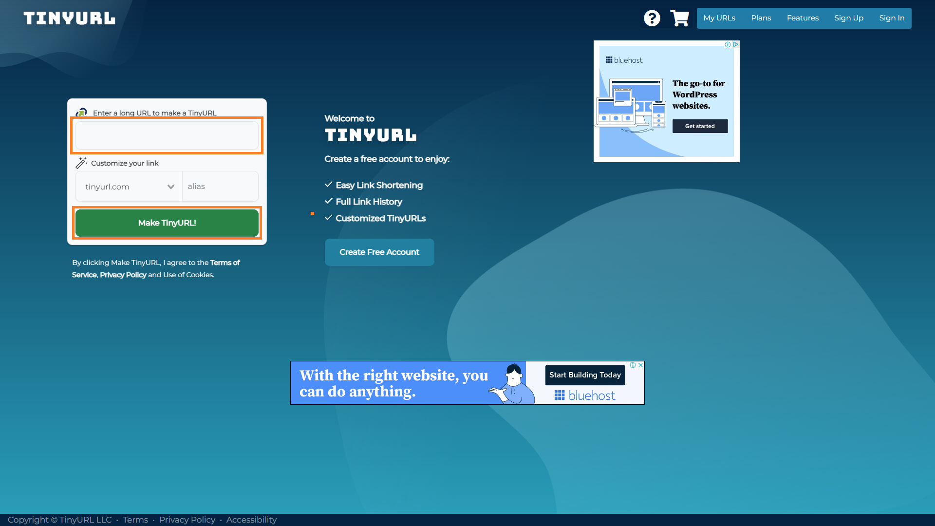 A screenshot of the TinyURL homepage