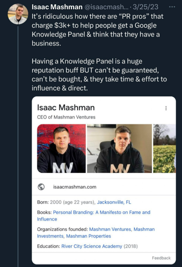 Isaac Mashman's Tweet that he made, calling out service providers who "charge $3k+ to help people get a Google Knowledge Panel & think that they have a business."