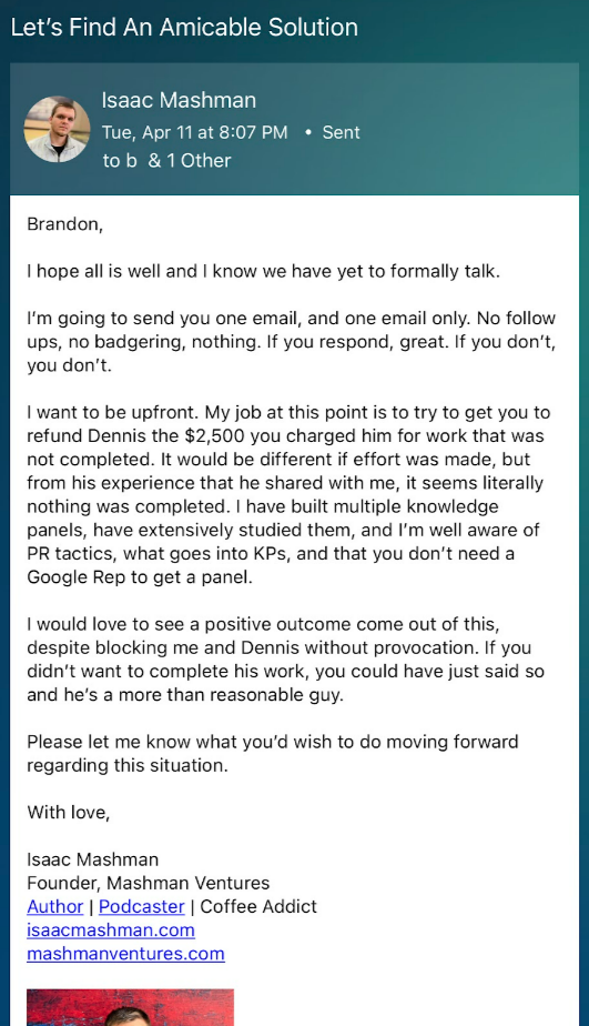A screenshot of Isaac's email he sent to Brandon Deboer in search of a solution.