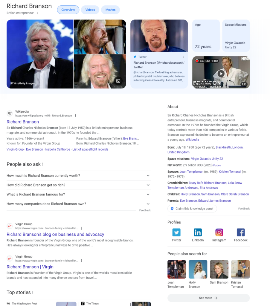 A screengrab of Sir. Richard Branson's vastly filled out Knowledge Graph.