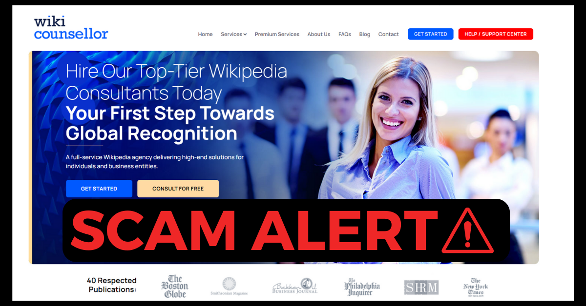 A screengrab of Wiki Counsellor's website that reads "SCAM ALERT" in big bold font