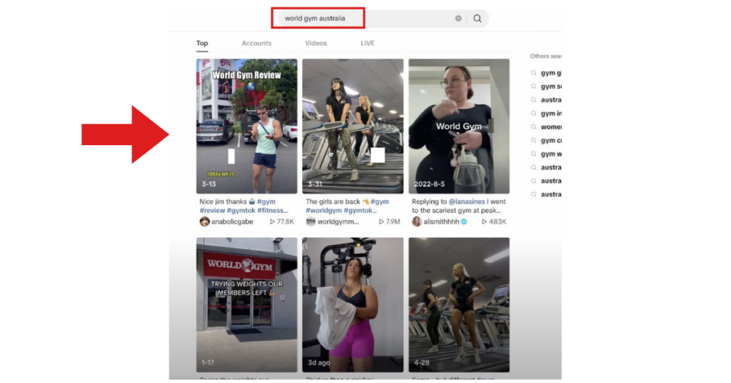 Search results when you type in World Gym Australia on TikTok