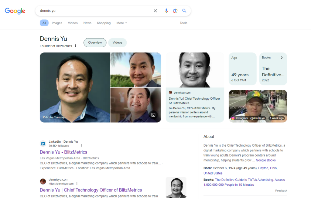 Dennis Yu knowledge panel