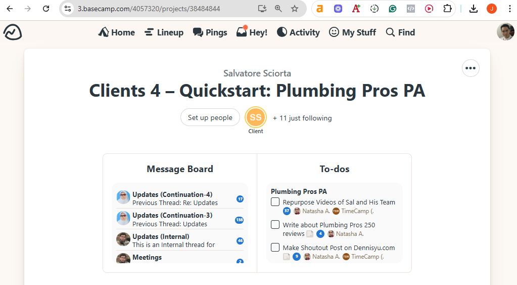 Screenshot of Plumbing Pros Basecamp Project.