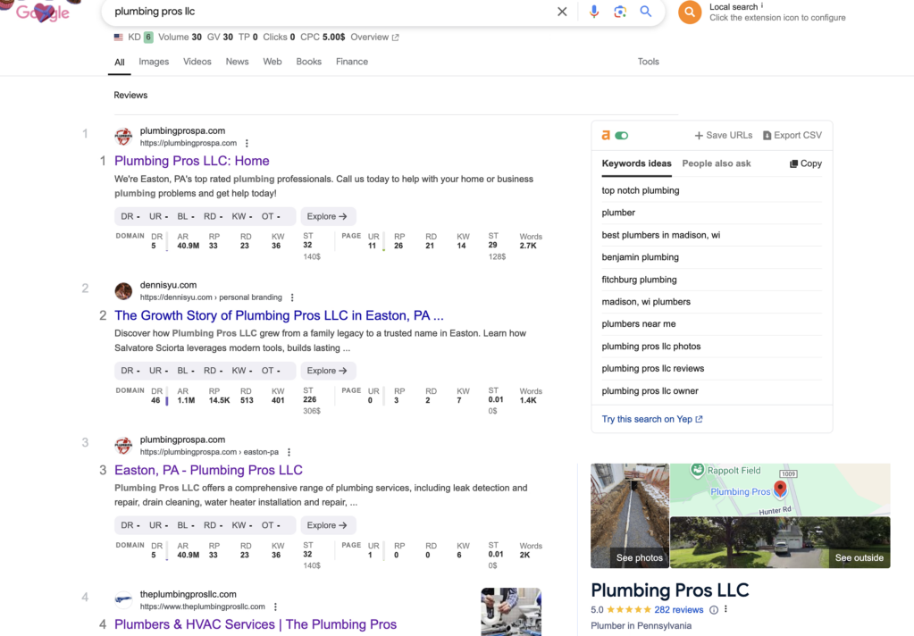 Plumbing Pros Ranking on Their Name on Google