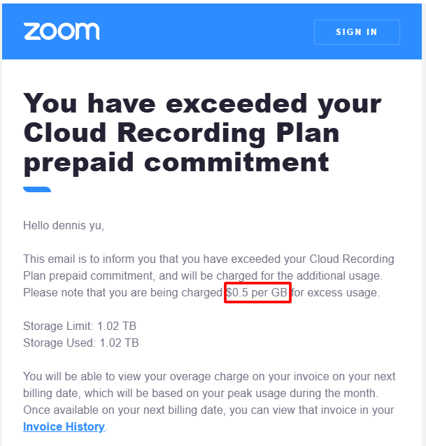 Zooms message You have exceeded your Cloud Recording Plan prepaid commitment