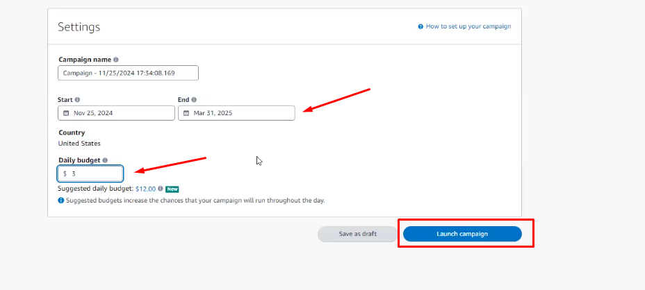 how to set up dollar a day ads on amazon