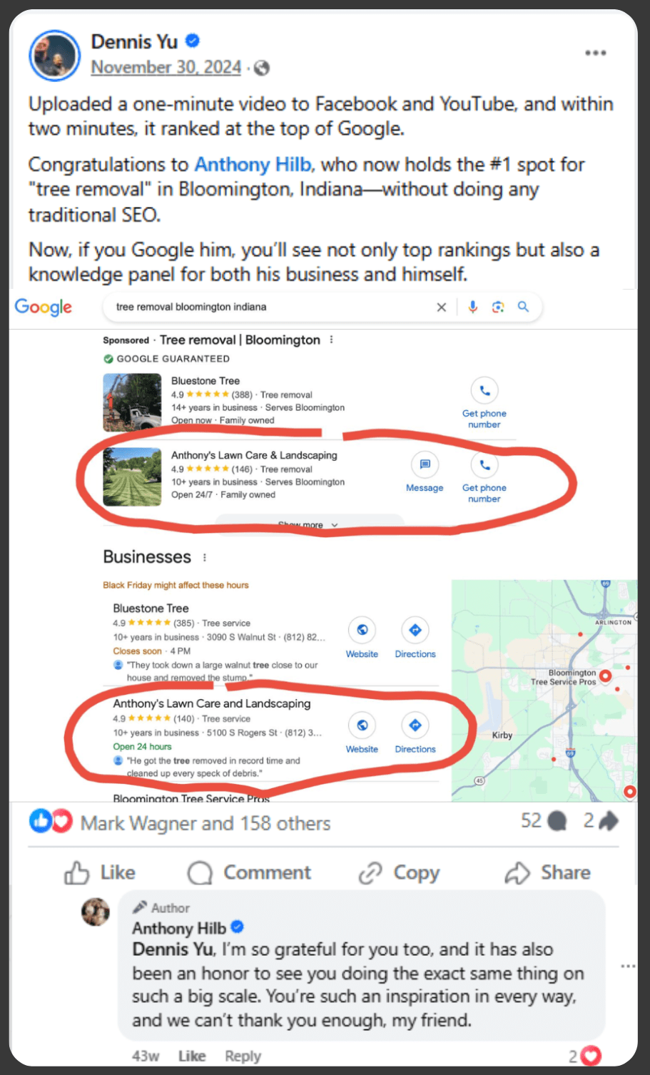 Facebook post about Anthony's Lawncare being on top.