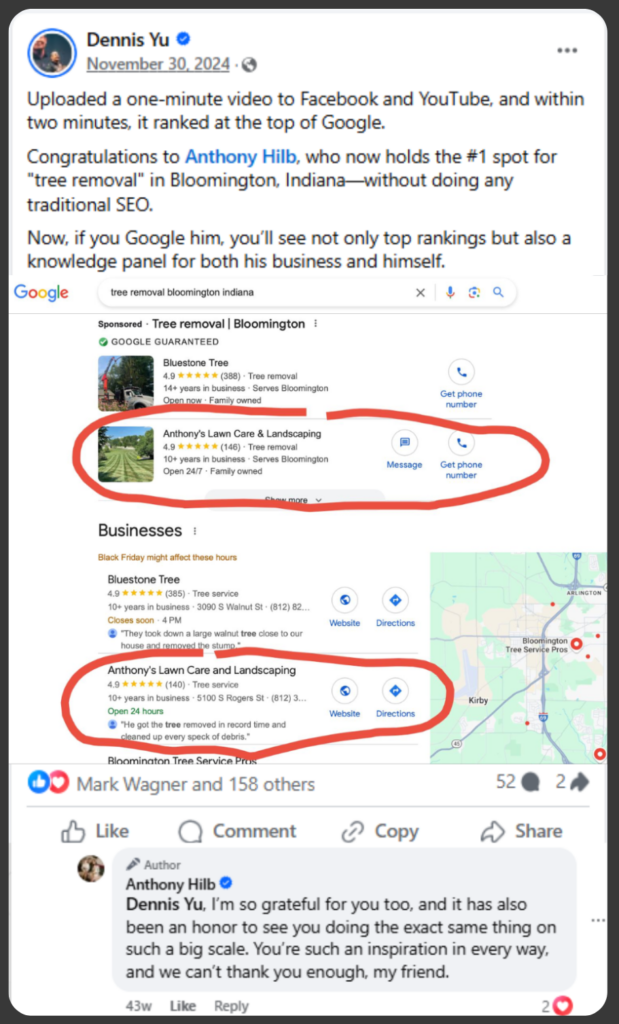 Dennis' Facebook post about Anthony Hilb's #1 Google Ranking.