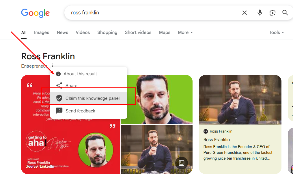 Google search for 'Ross Franklin'.