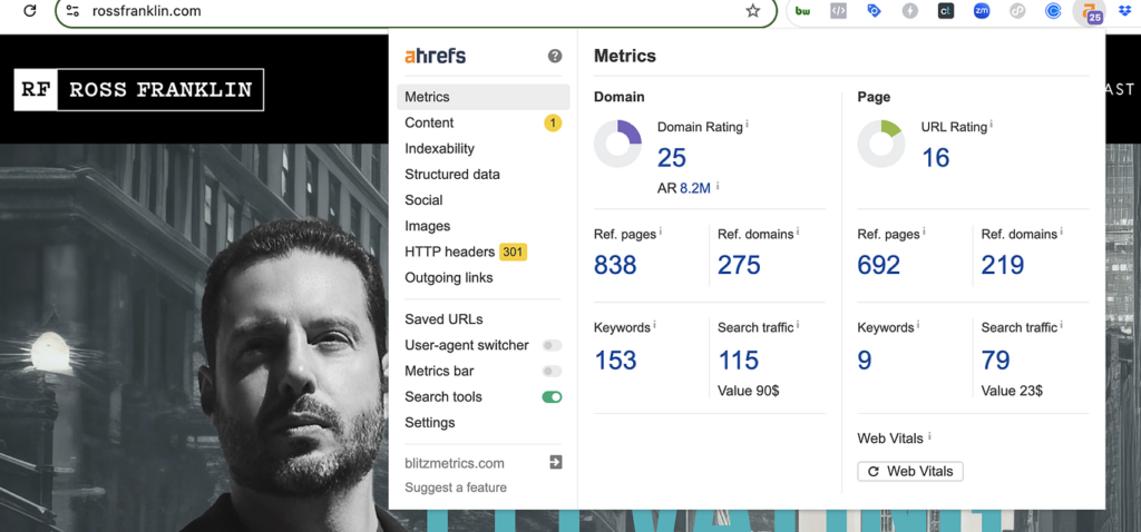 Ahrefs metrics on rossfranklin.com.