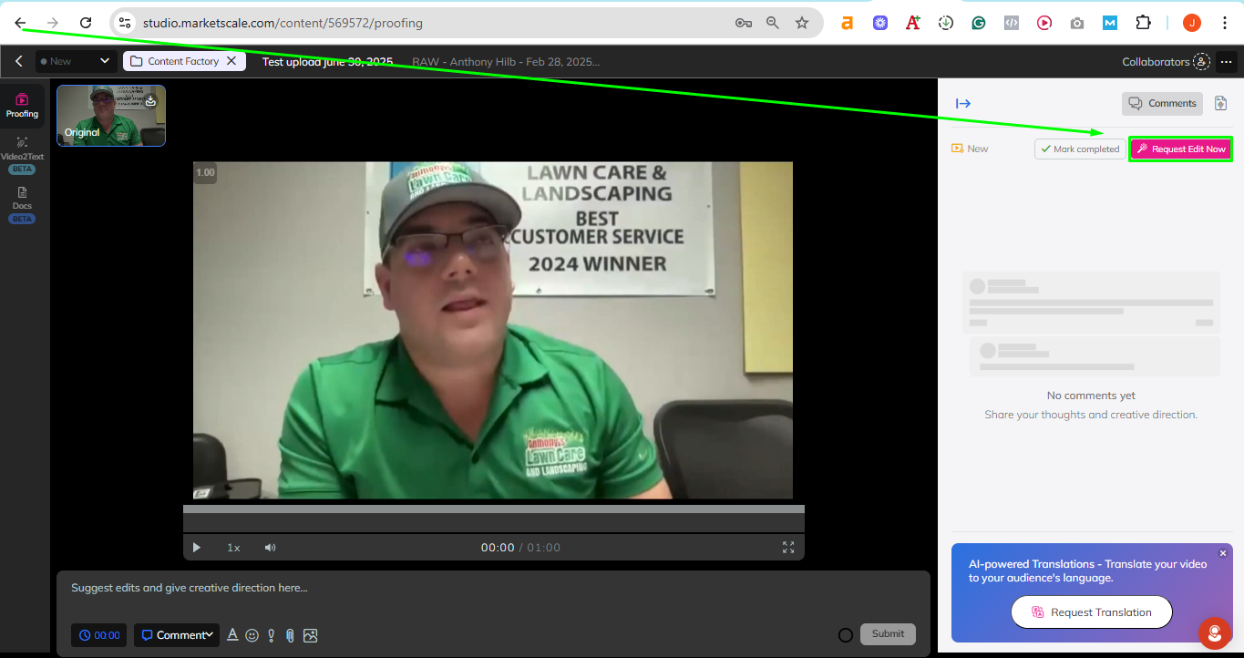 MarketScale screenshot on how to request a video editing task.