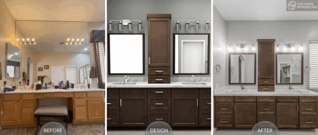 The before and after of a client's home including the preliminary design PHX brought to life