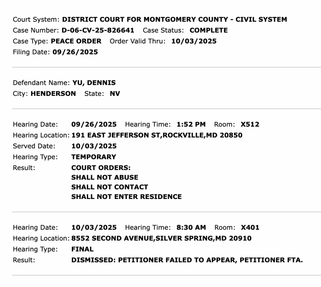 Court docket screenshot showing peace order details, hearing dates, and dismissal because the petitioner failed to appear.