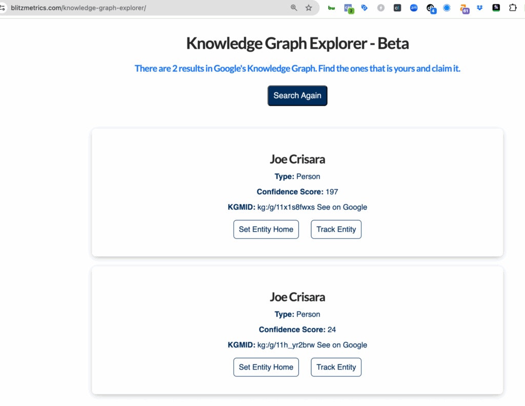 Knowledge Graph Explorer screenshot showing Joe Crisara with 197 confidence score