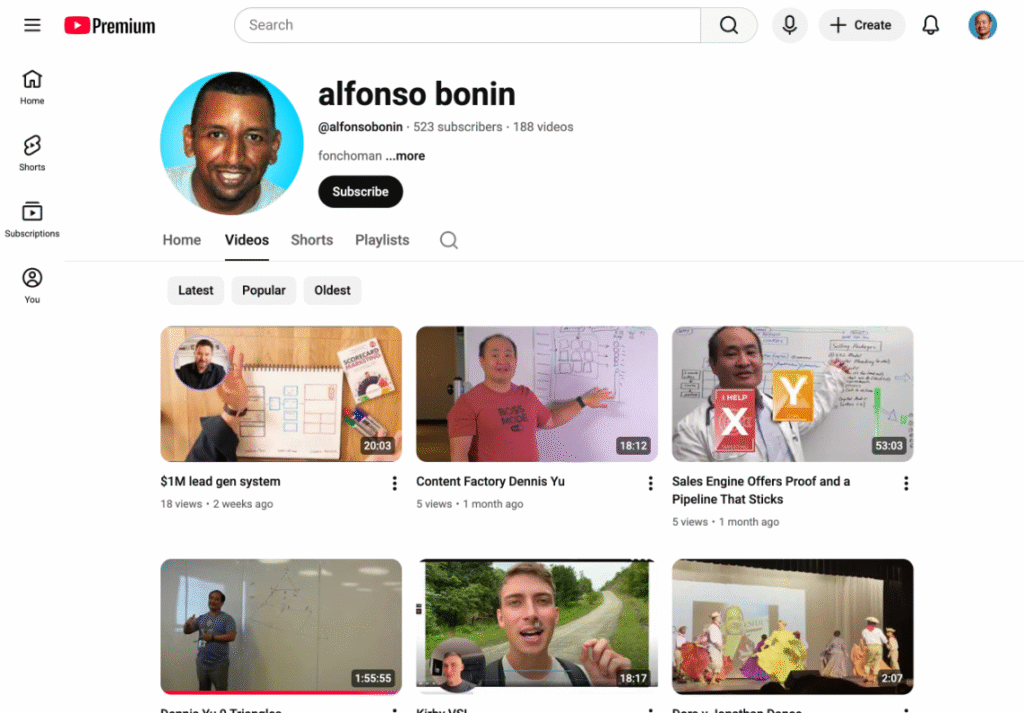 Screenshot of @alfonsobonin YouTube channel showing reuploaded Dennis Yu videos including "Content Factory Dennis Yu," "Dennis Yu 9 Triangles," and other content.