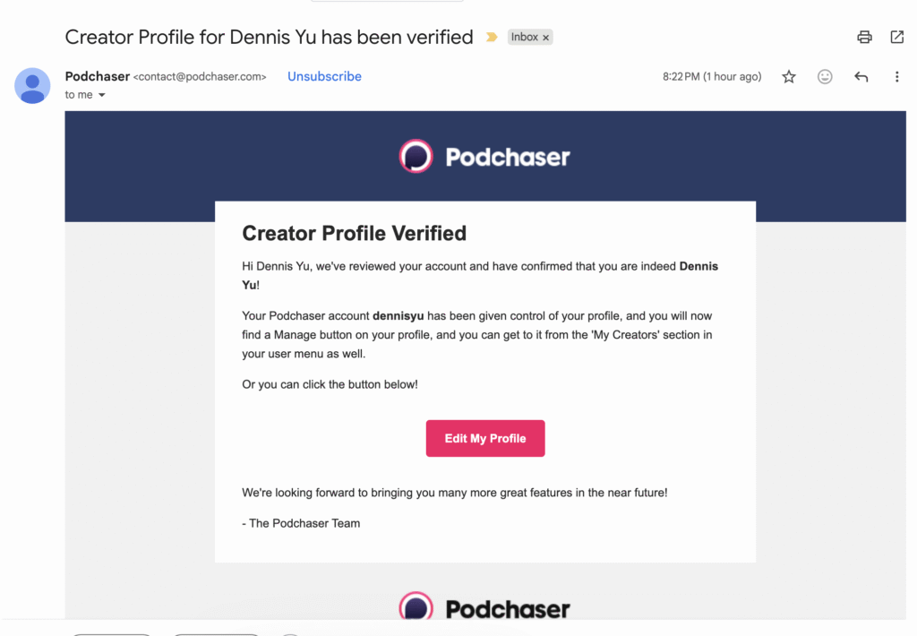 Podchaser creator profile verified email for Dennis Yu