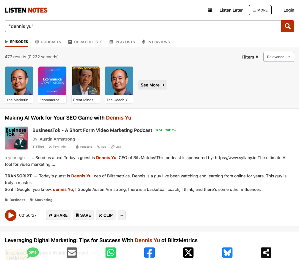 Listen Notes search results page showing 477 podcast episodes for Dennis Yu