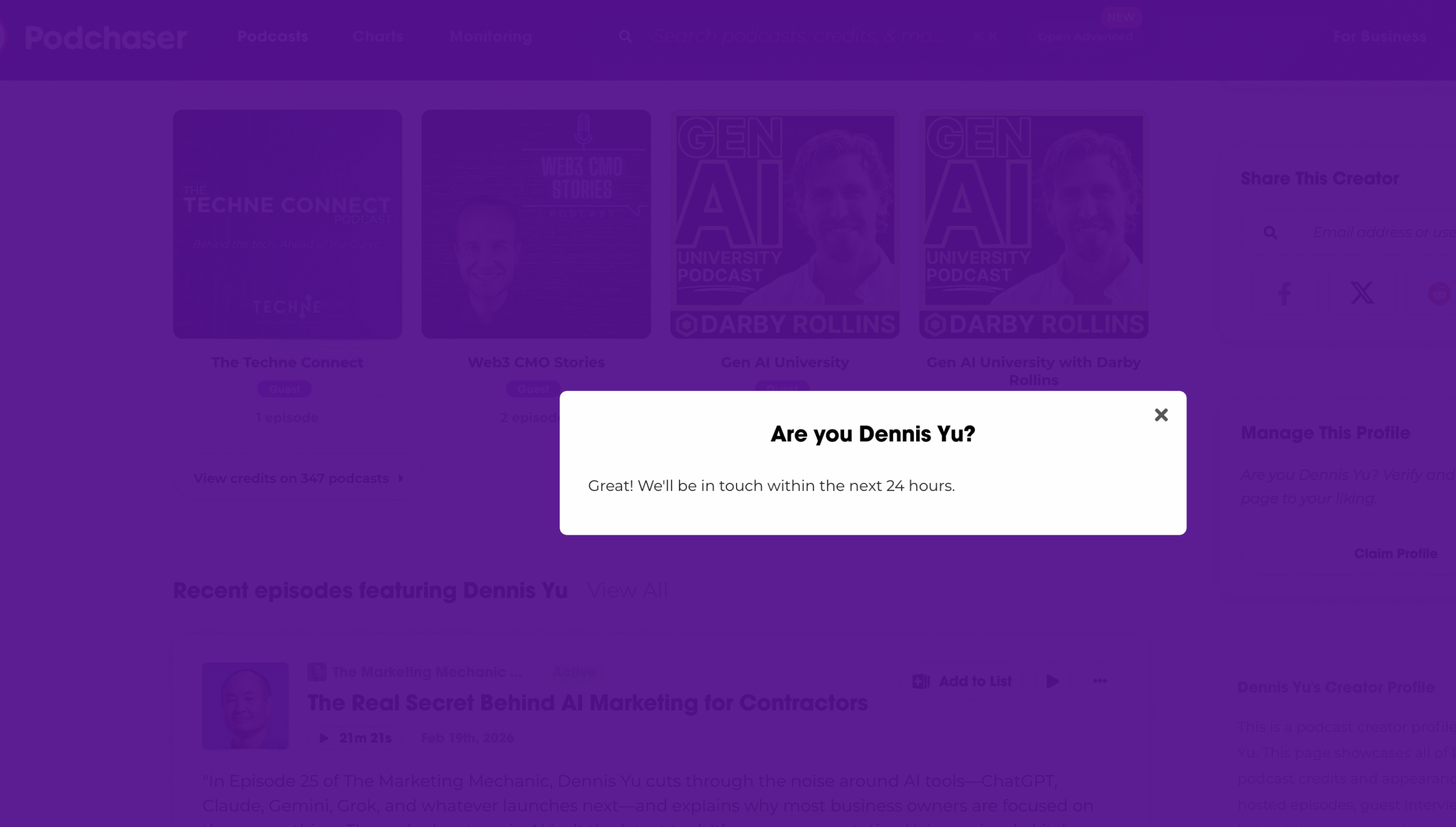 Podchaser creator-profile ownership claim submitted for review