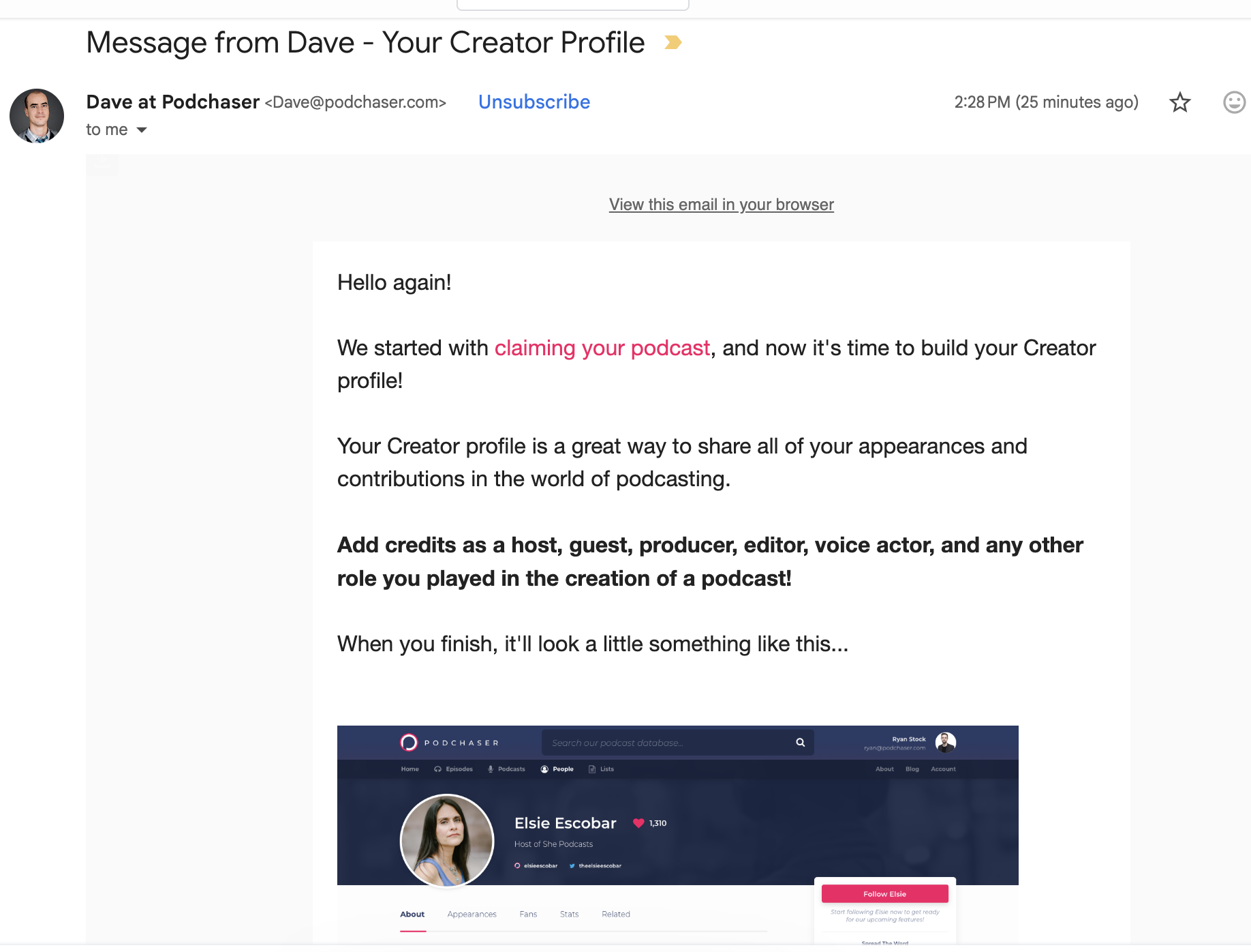 Podchaser email prompting a creator profile and episode credits