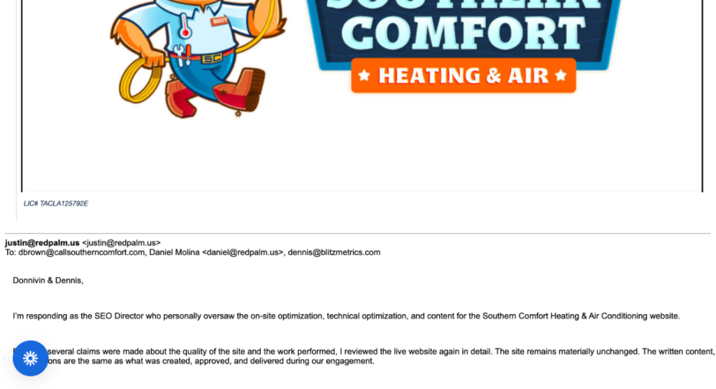 Email from Justin Lucas, SEO Director at Red Palm Marketing, responding to Donnivin Brown and Dennis Yu about the Southern Comfort Heating & Air website audit
