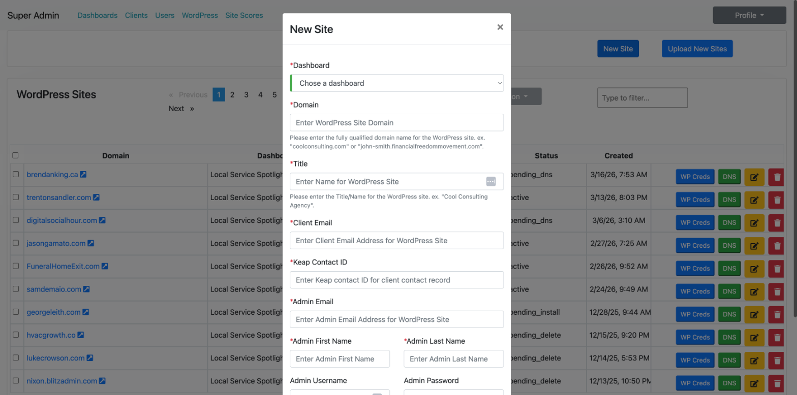 BlitzAdmin New Site form showing fields for Dashboard, Domain, Title, Client Email, and admin details