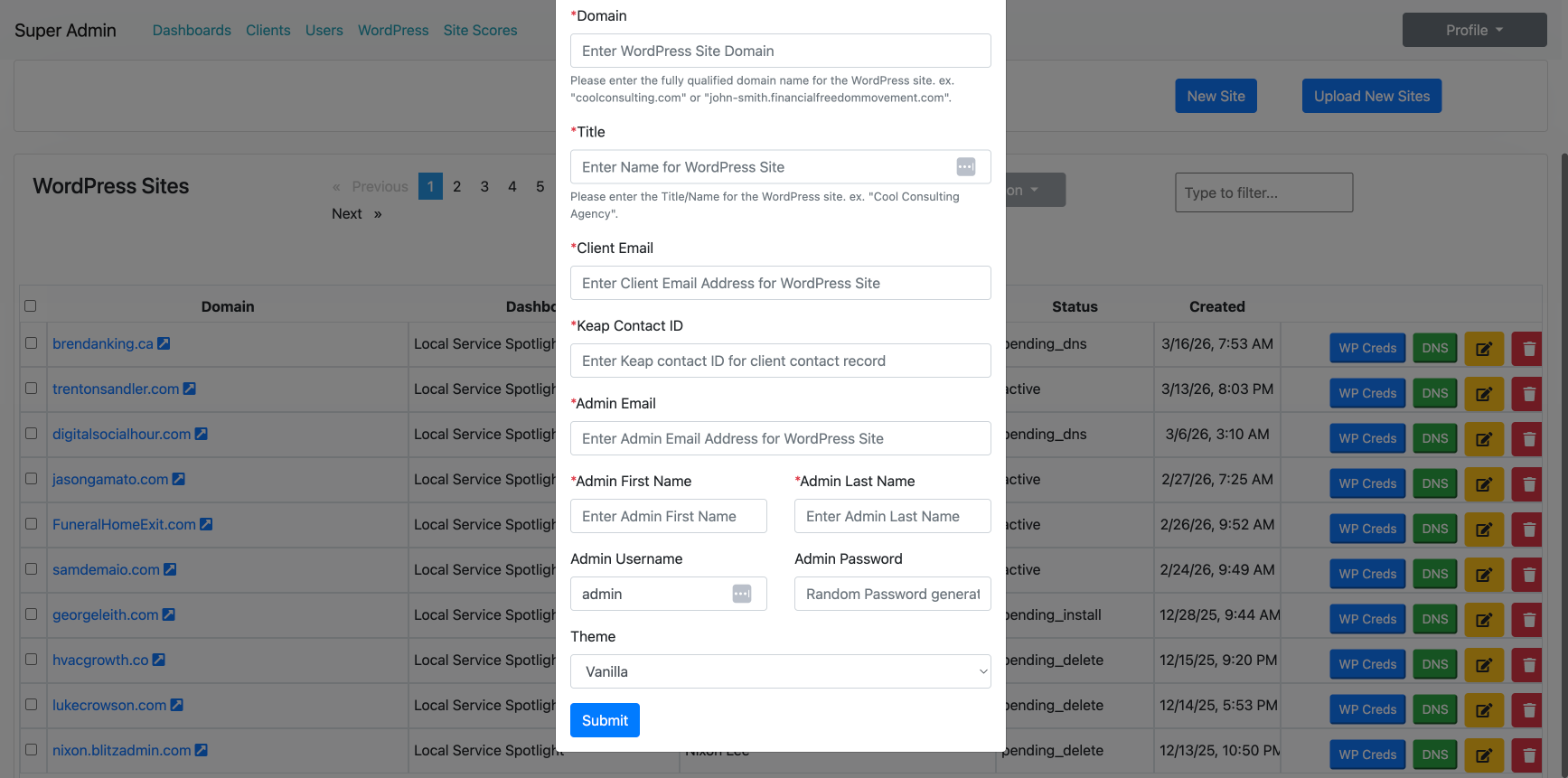 Bottom of BlitzAdmin New Site form showing Admin Username, Password, Theme, and Submit button