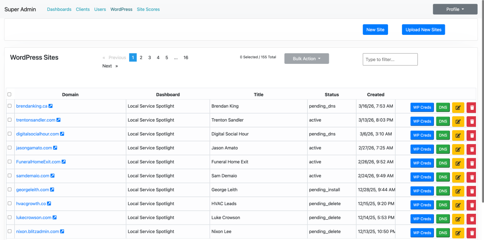 BlitzAdmin WordPress Sites list showing 155 sites including brendanking.ca at the top with pending_dns status