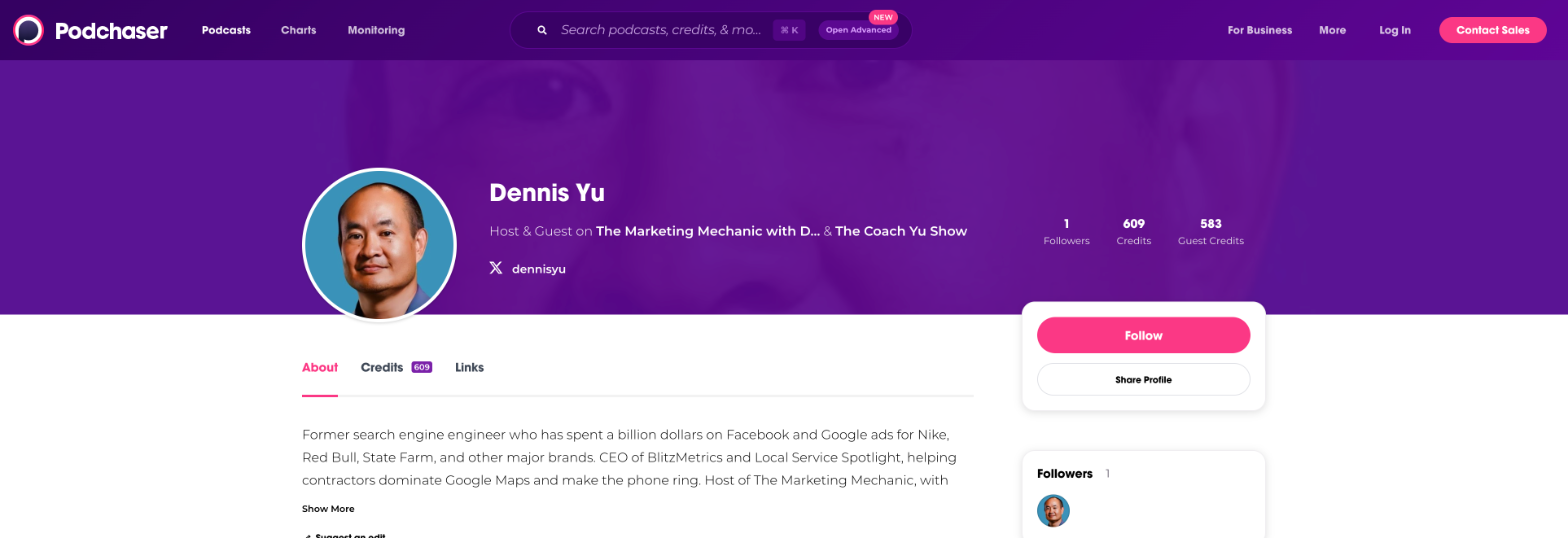 Dennis Yu Podchaser creator profile showing 609 credits across 353 podcasts with 583 guest credits