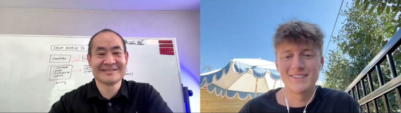 Dennis Yu explains the Brain to Bot AI agents framework on a whiteboard