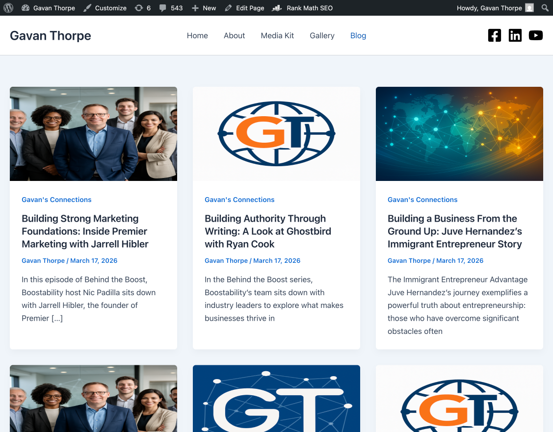 How We Built Gavan Thorpe's Personal Brand Site Using AI Agents in 850+ Steps 3 Blog post grid on gavanthorpe.com showing 20 posts with varied featured images about Boostability connections and digital marketing