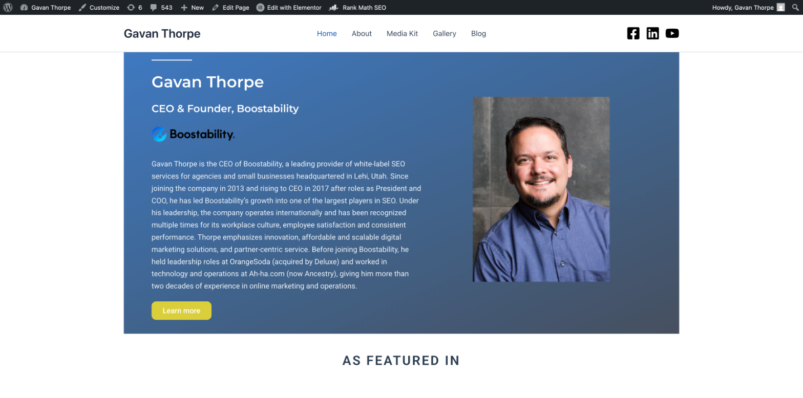 How We Built Gavan Thorpe's Personal Brand Site Using AI Agents in 850+ Steps 1 Gavan Thorpe personal brand website homepage showing hero section with headshot, Boostability logo, and bio