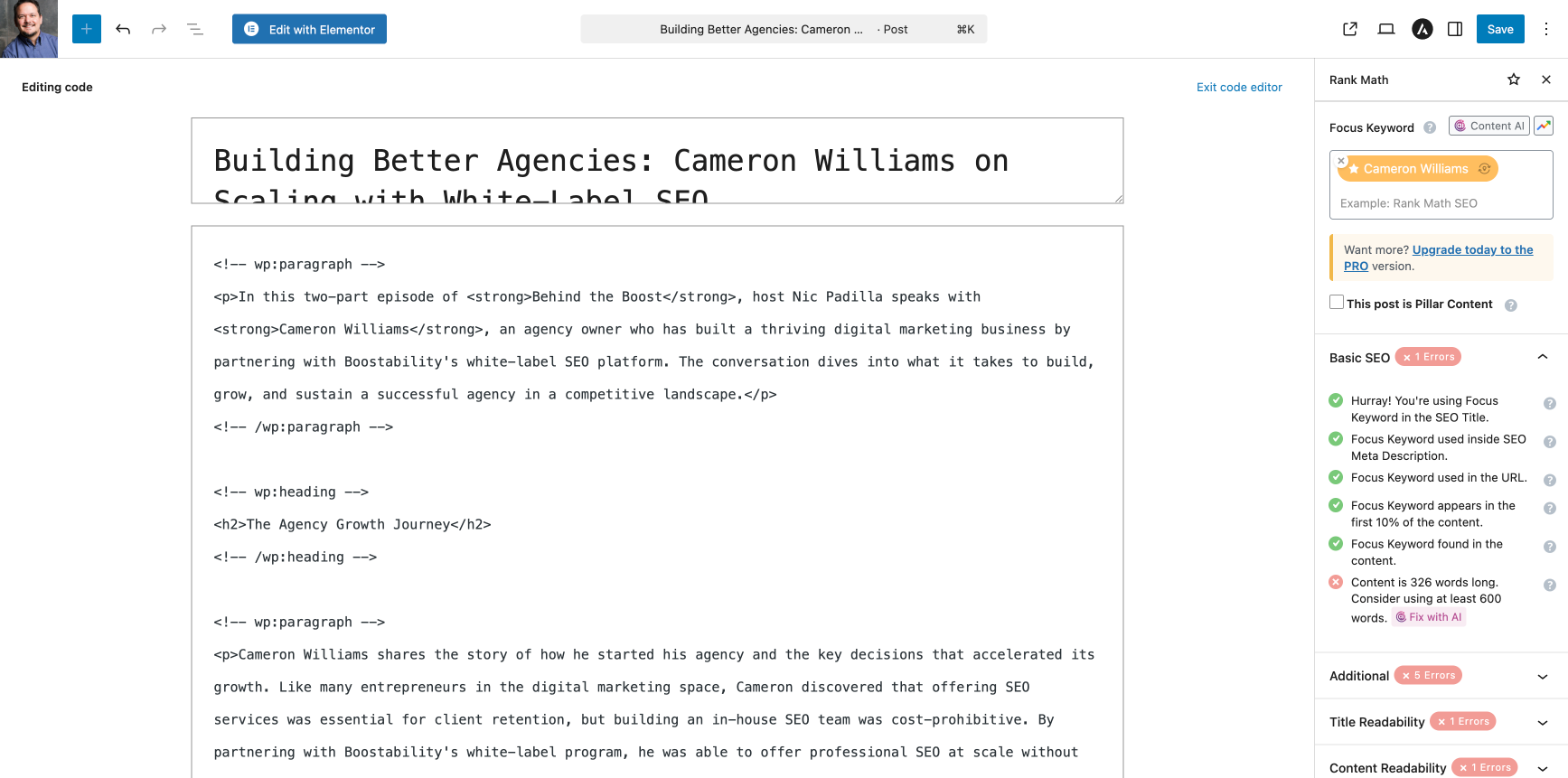 How We Built Gavan Thorpe's Personal Brand Site Using AI Agents in 850+ Steps 4 Rank Math SEO panel showing green checkmarks for focus keyword Cameron Williams on a gavanthorpe.com blog post