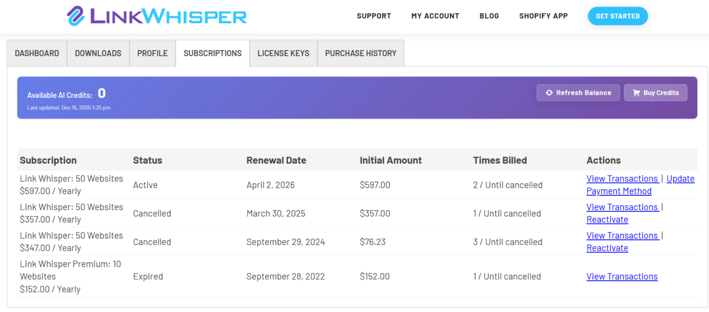 Link Whisper subscription dashboard showing 50-website enterprise plan at $597 per year