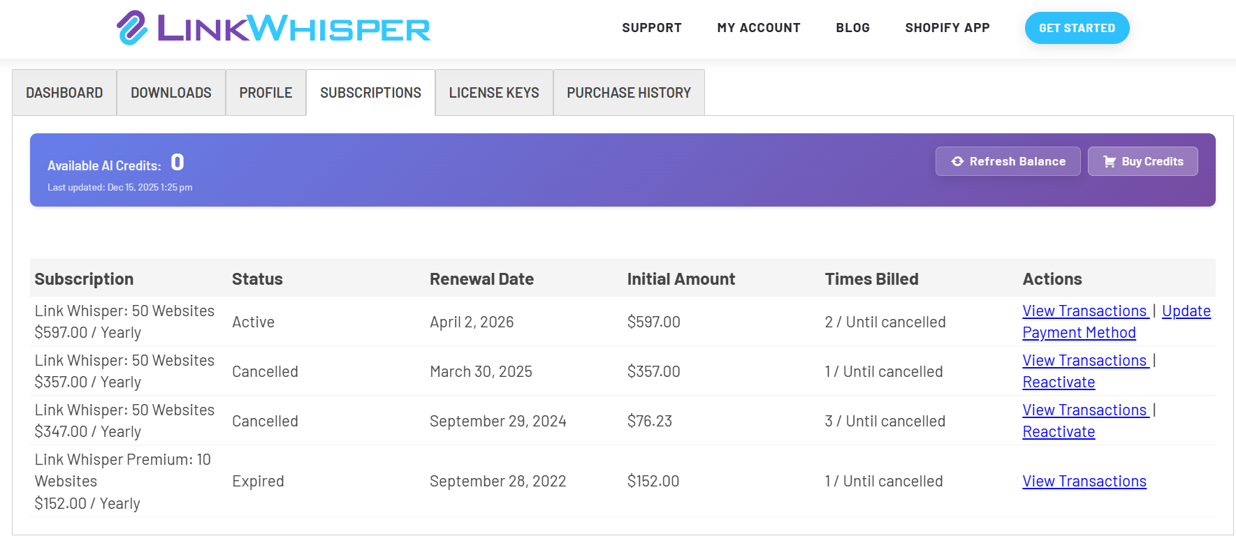 Link Whisper subscription dashboard showing 50-website enterprise plan at $597 per year
