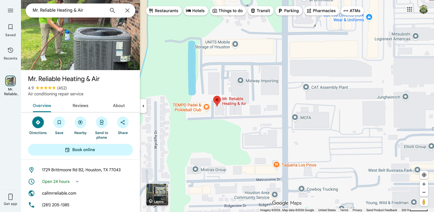 How to Get Into the Google Maps 3-Pack: The Data-Driven Playbook for Local Service Businesses 1 Mr. Reliable Heating and Air Google Business Profile showing 4.9 stars and 452 reviews
