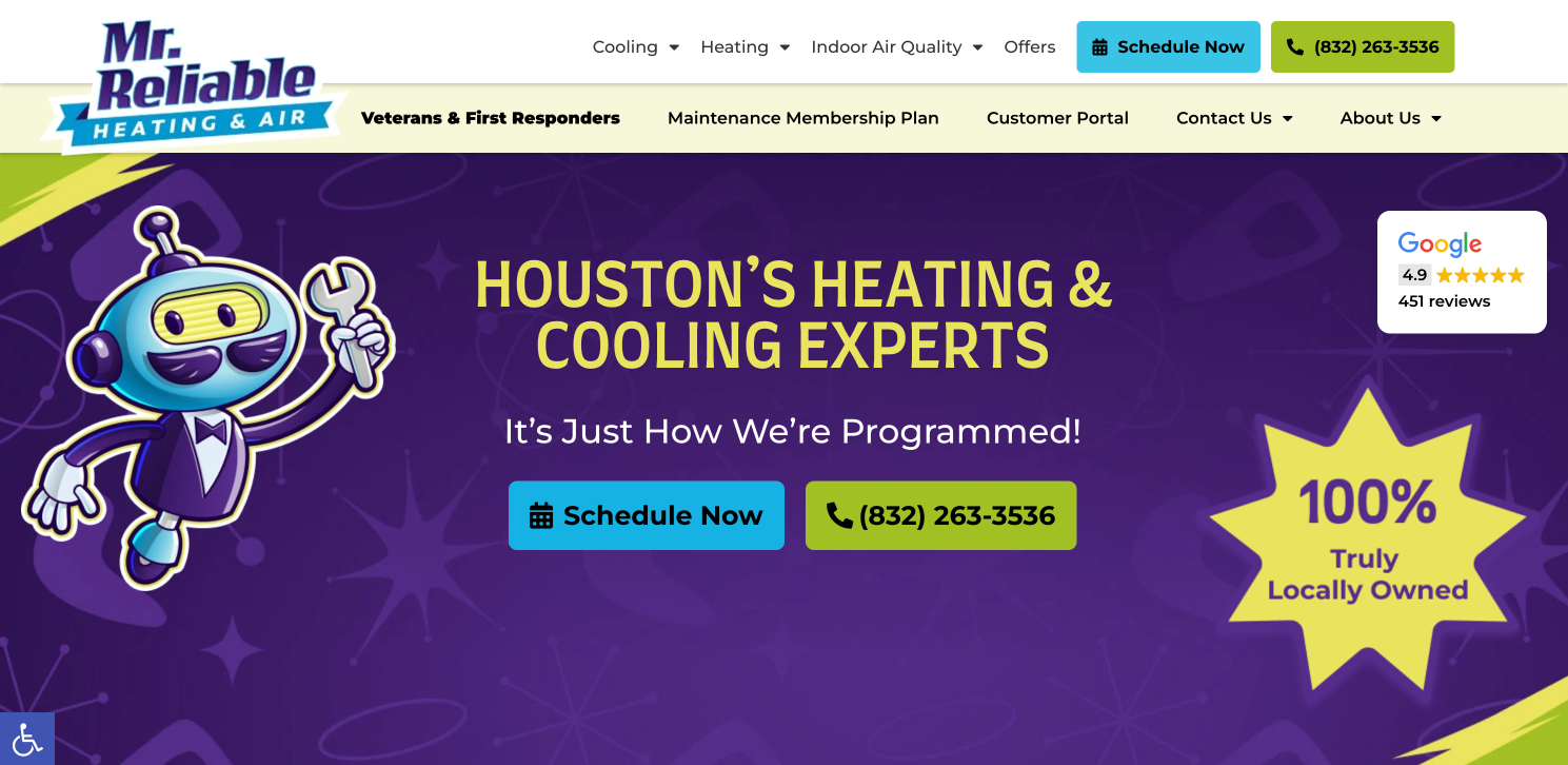 Mr. Reliable Heating and Air website homepage showing strong branding and Google reviews badge