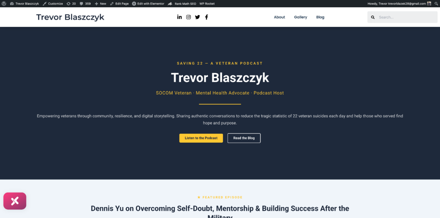 Trevor Blaszczyk homepage redesign - before and after comparison showing the dark navy and gold branded homepage built by a Claude AI agent