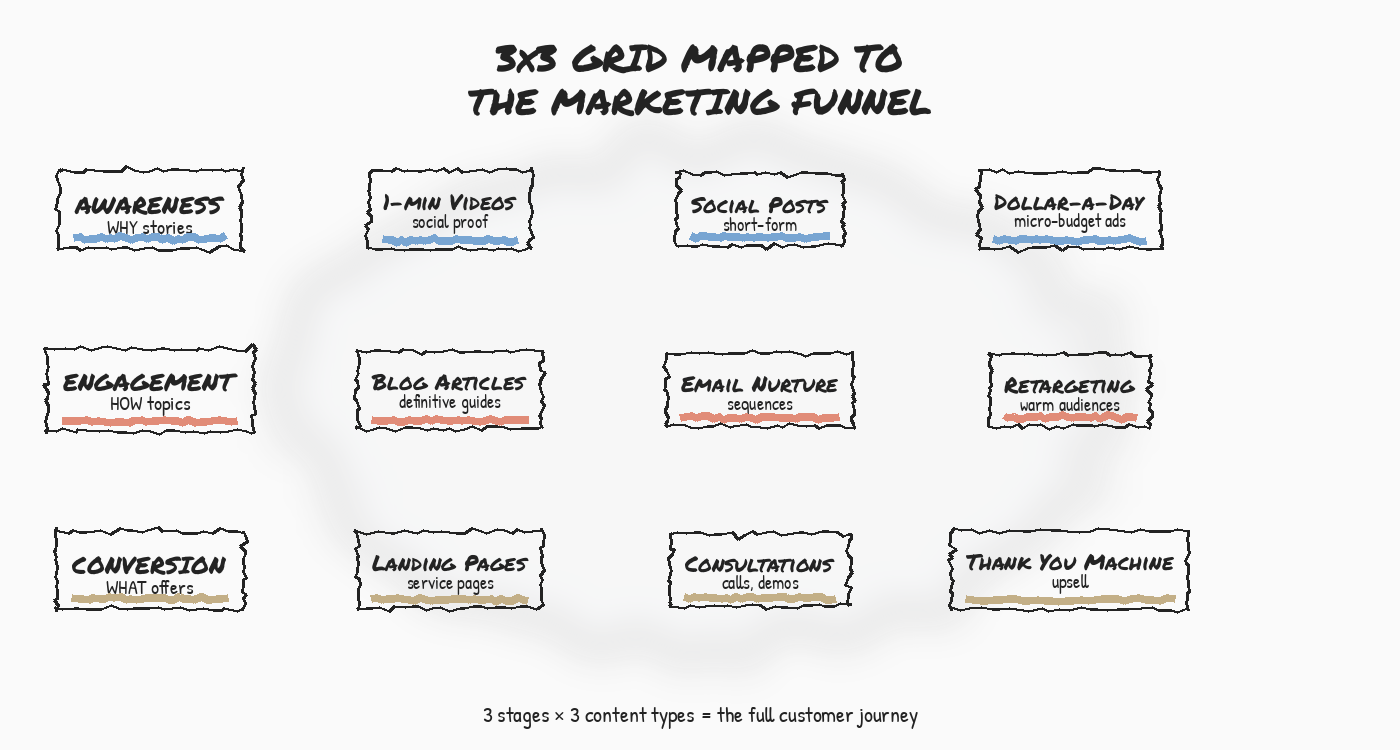 BlitzMetrics Visual System: Directory of Framework Diagrams 10 Awareness Engagement Conversion Grid — 3x3 grid mapped to the marketing funnel with WHY HOW WHAT content types