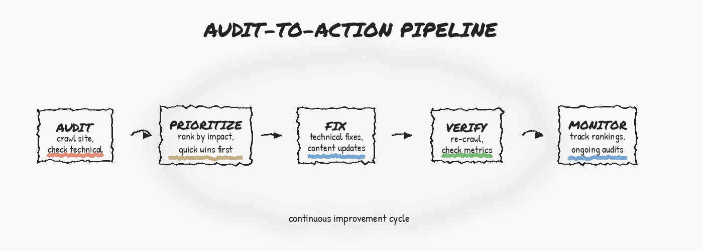 BlitzMetrics Visual System: Directory of Framework Diagrams 14 Audit-to-Action Pipeline — five stages: Crawl, Analyze, Prioritize, Execute, Measure