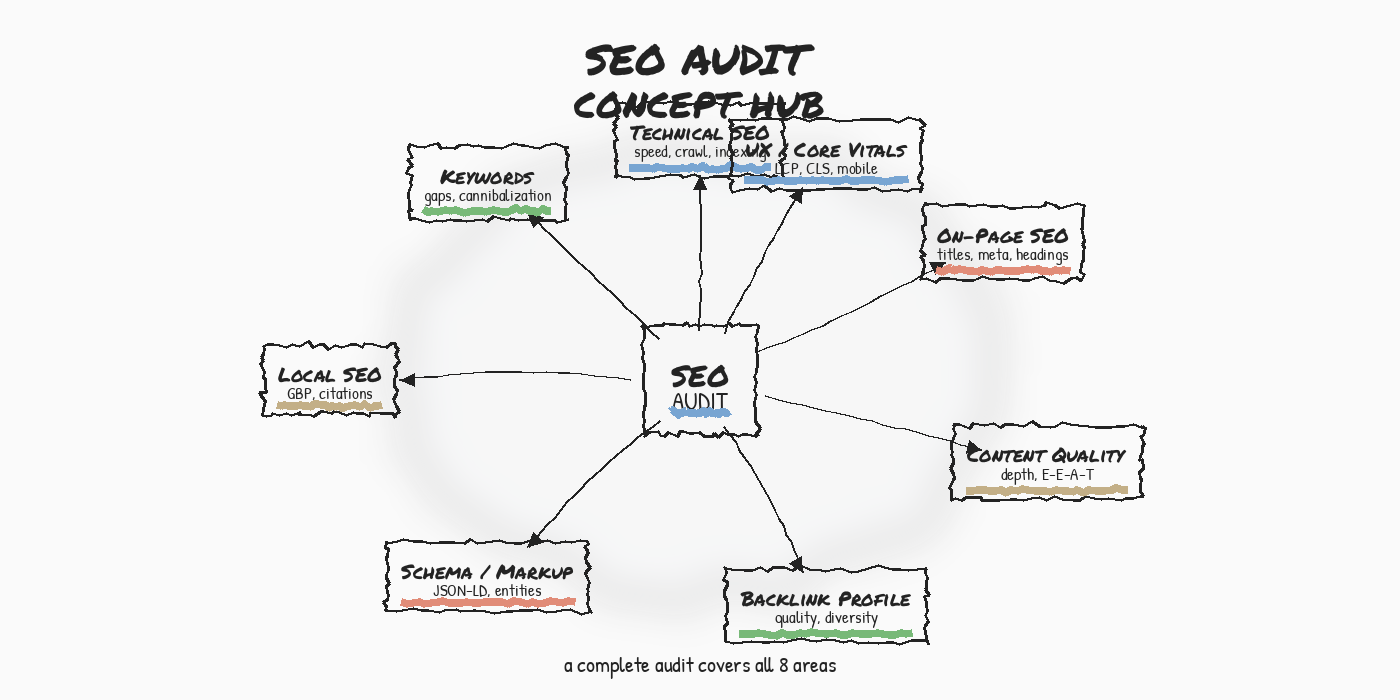 BlitzMetrics Visual System: Directory of Framework Diagrams 15 SEO Audit Concept Hub — central hub with spokes to Technical, Content, Links, Local, and Entity audit categories