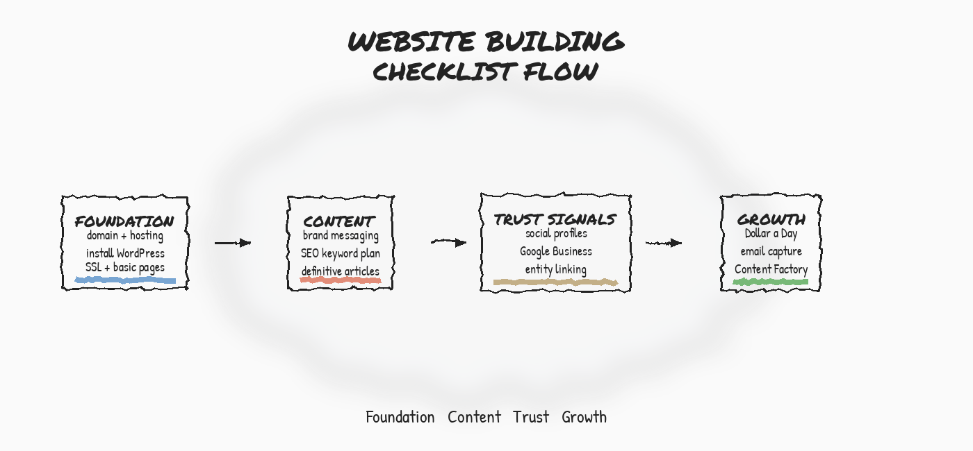BlitzMetrics Visual System: Directory of Framework Diagrams 16 Website Building Checklist Flow — four phases: Foundation, Content, Trust Signals, Growth