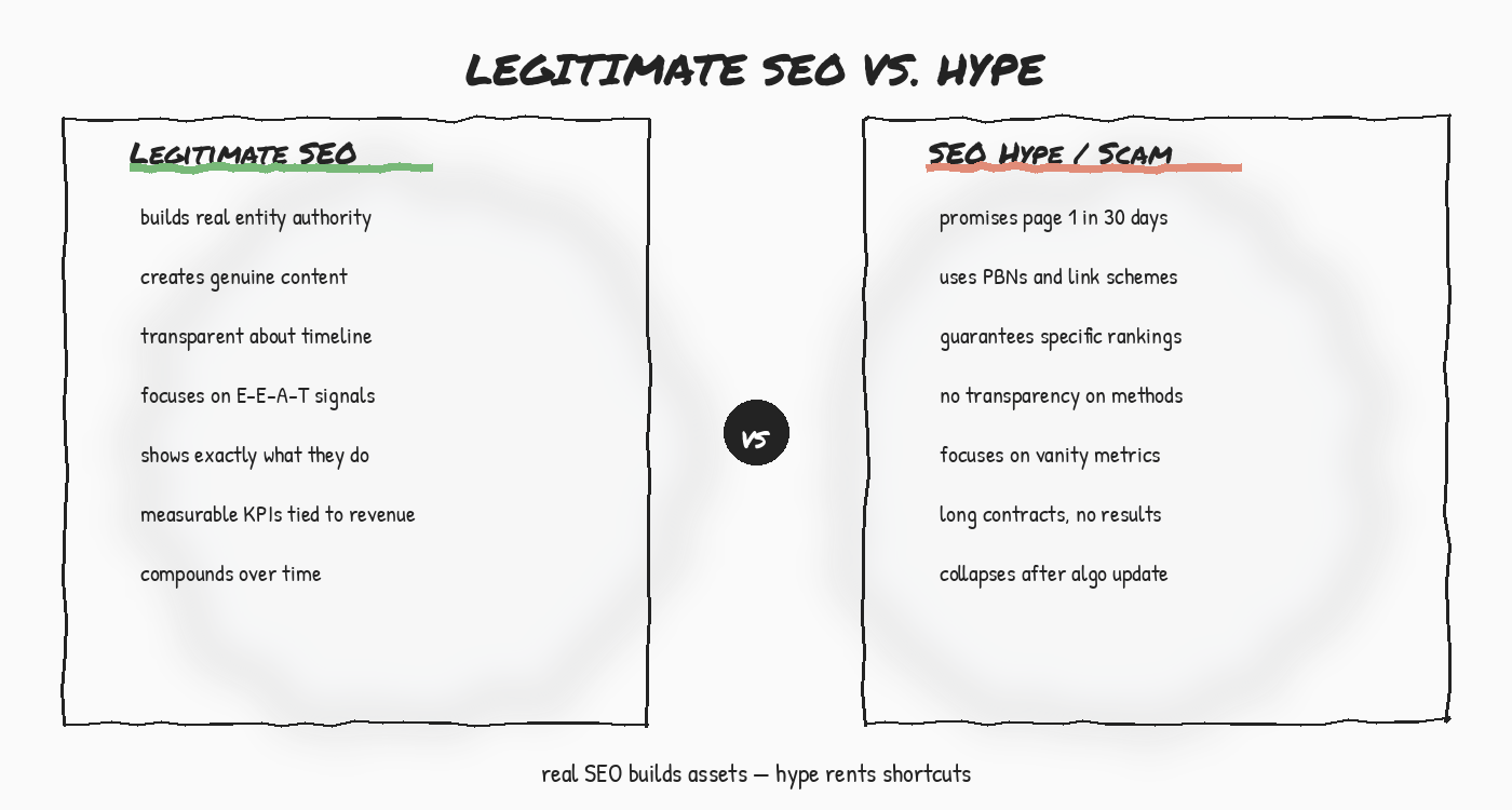 BlitzMetrics Visual System: Directory of Framework Diagrams 17 Legitimate SEO vs Hype — side-by-side comparison of real SEO strategies marked in green versus scam tactics marked in red