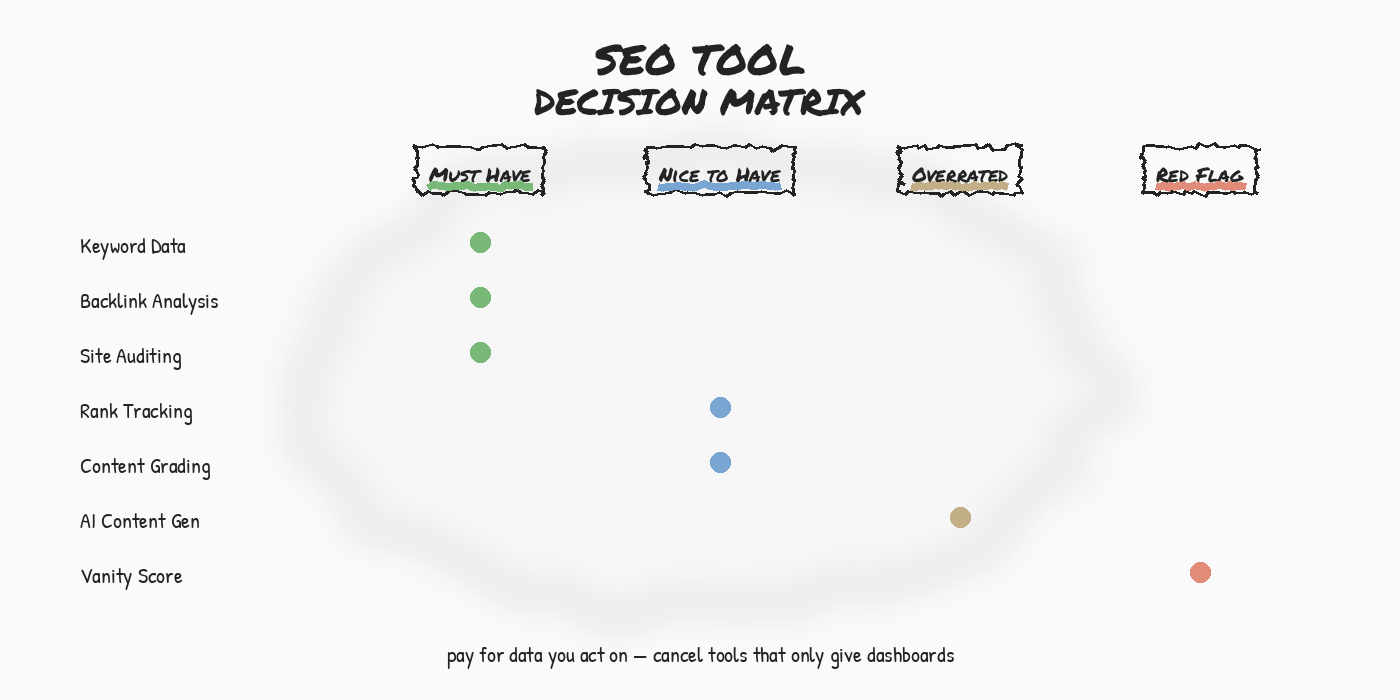 BlitzMetrics Visual System: Directory of Framework Diagrams 18 SEO Tool Decision Matrix — four quadrants: Must Have, Nice to Have, Overrated, Red Flag for evaluating SEO tool features