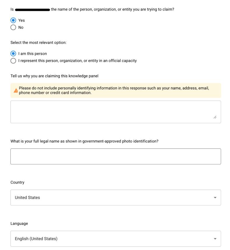 Google claim form asking to confirm the entity name select the relevant option and explain why claiming the panel.