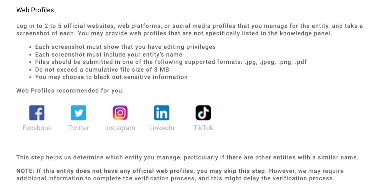 Google verification Web Profiles section showing Facebook Twitter Instagram LinkedIn and TikTok platforms.