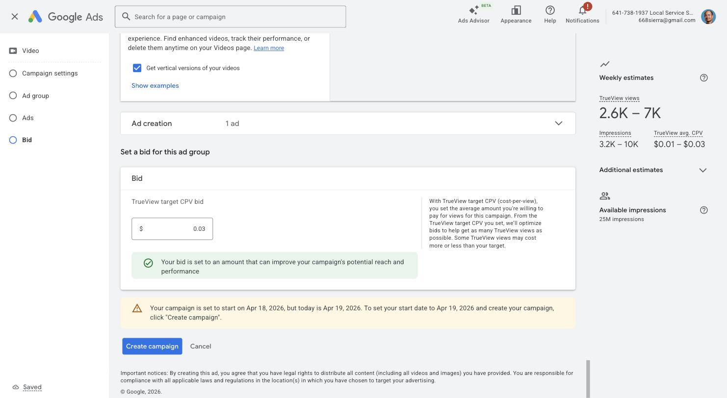 Google Ads bid screen showing a 0.03 dollar Target CPV with green bid calibration checkmark and 25 million available impressions