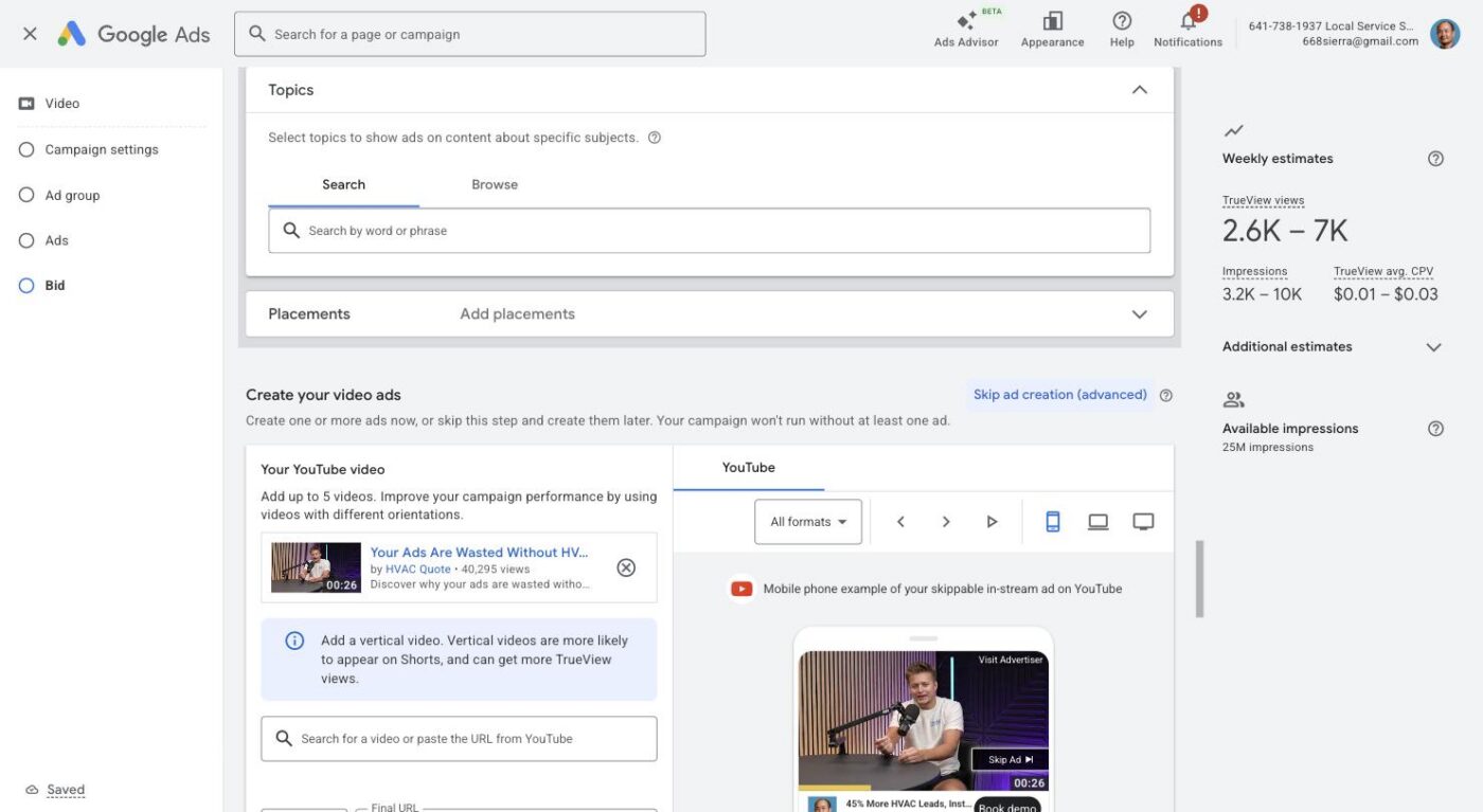 hvac quote google ads preview forecast 25m
