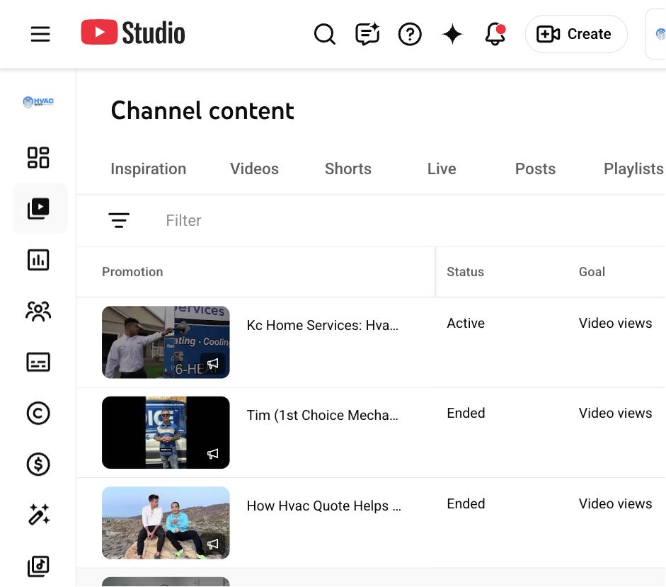 HVAC Quote YouTube Studio Boost promotions history showing Kc Home Services, Tim 1st Choice Mechanical, and Your Ads Are Wasted Without HVAC Quote Tool